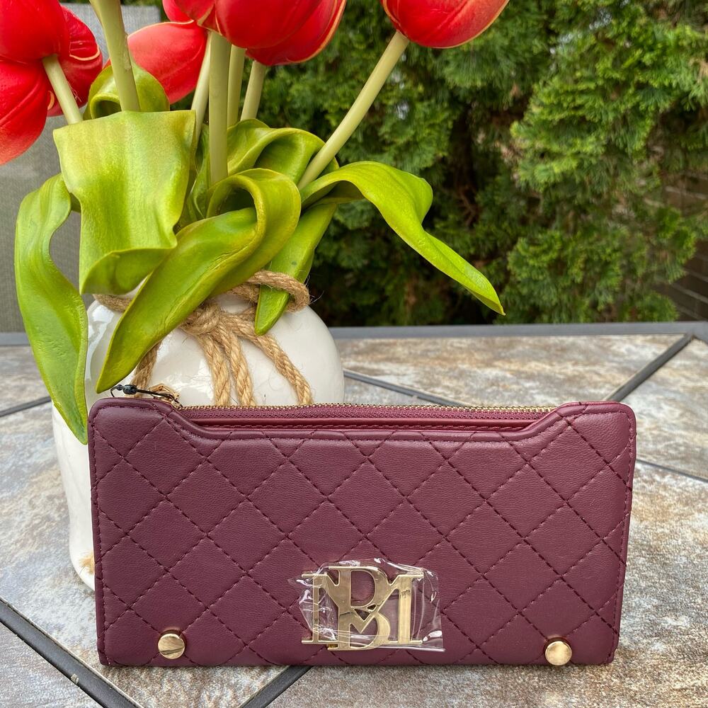 Badgley Mischka Plum Quilted Long Wallet Vegan Leather New - Picture 2 of 7